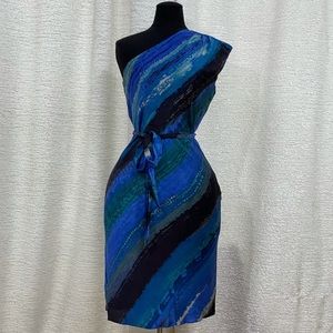 Kenneth Cole one shoulder multiply color blue black green dress
